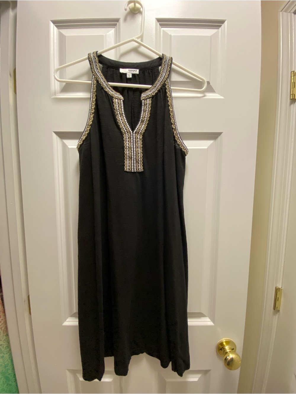 Sonoma Black Sleeveless Dress with gold/tan and white embroidered Neckline